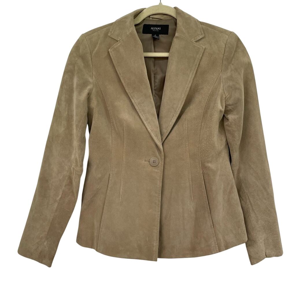 Alfani Tan Leather Women Blazer Jacket SP Suede Fall Classic Preppy Coat Classic